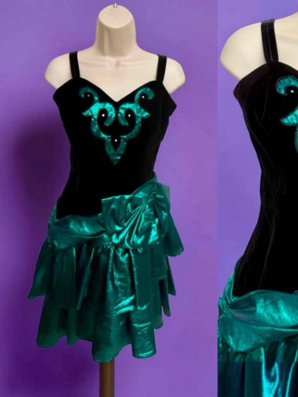 Vintage 80s Black Velvet and Green Metallic Party Prom Homecoming Dress